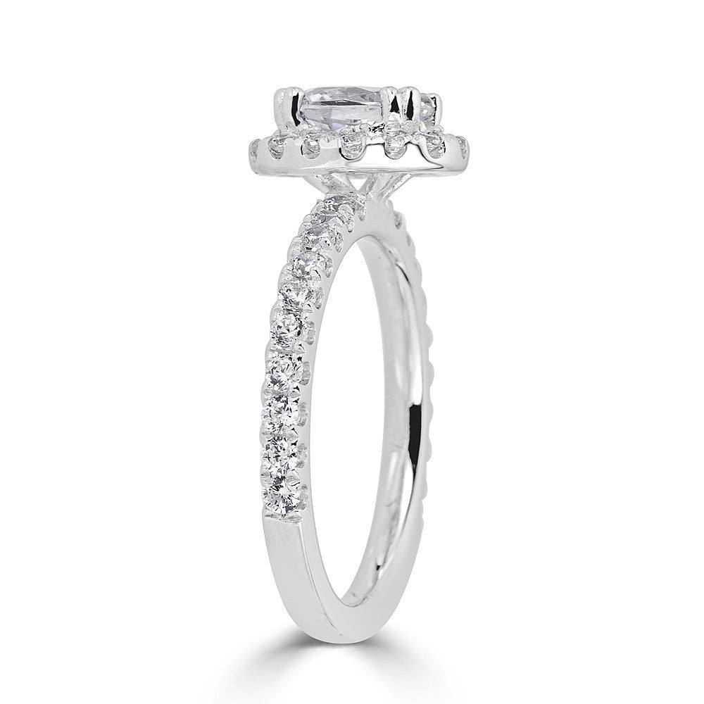 Halo engagement ring with lab-grown diamonds.