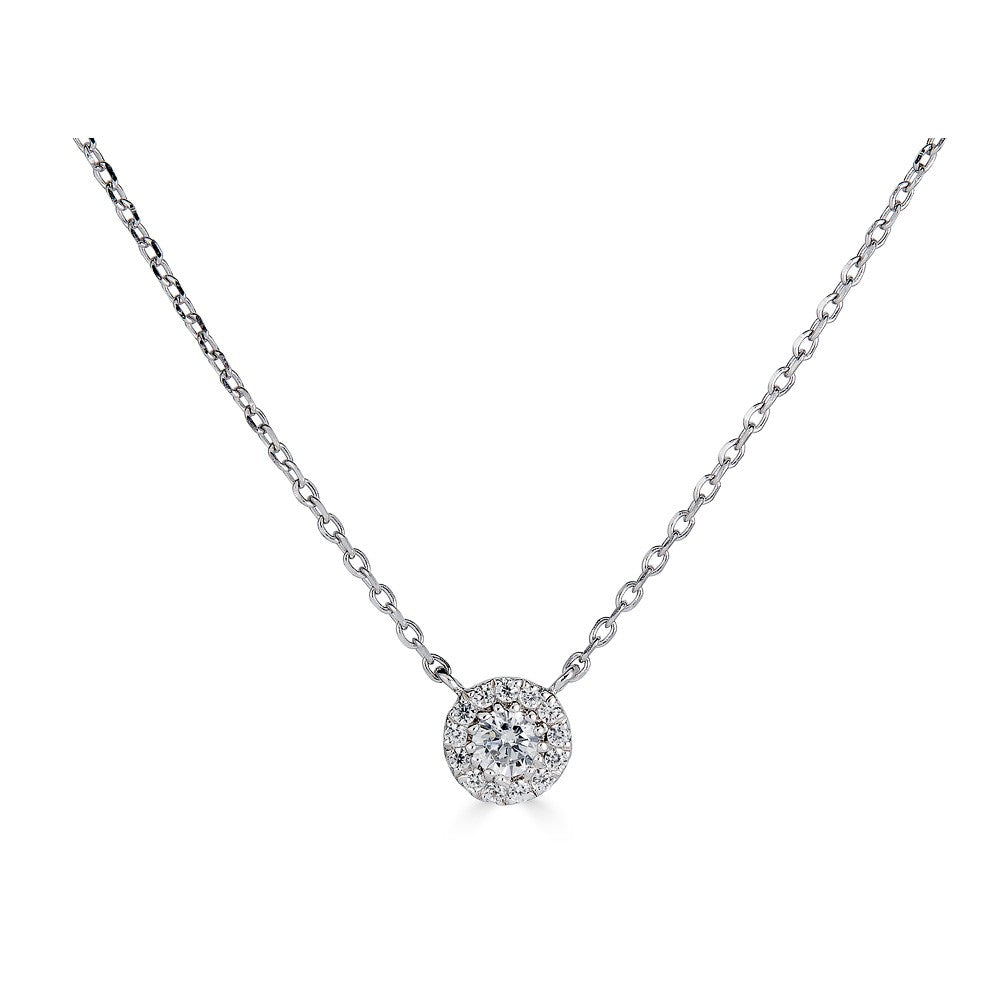Diamond circle pendant on white gold chain.