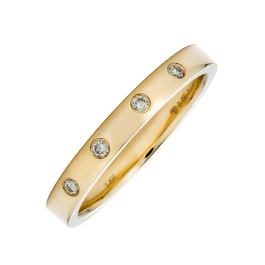 14K yellow gold band with round diamonds.