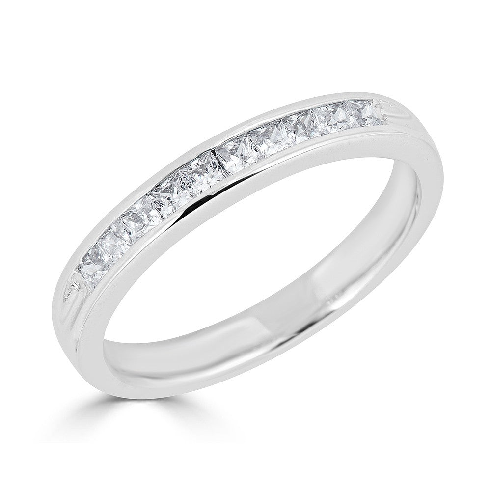 14K white gold band with princess diamonds.
