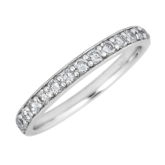 14K white gold band with round diamonds.