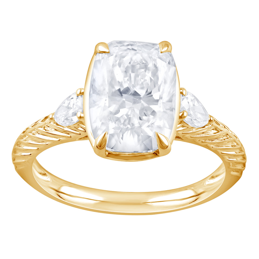 Side Stone Lab-Grown Diamond Complete Engagement Ring in 14 Karat Yellow with 1 Elongated Cushion Lab Grown Diamond, Color: F, Clarity: VS2, totaling 3.01ctw (Yellow Gold)