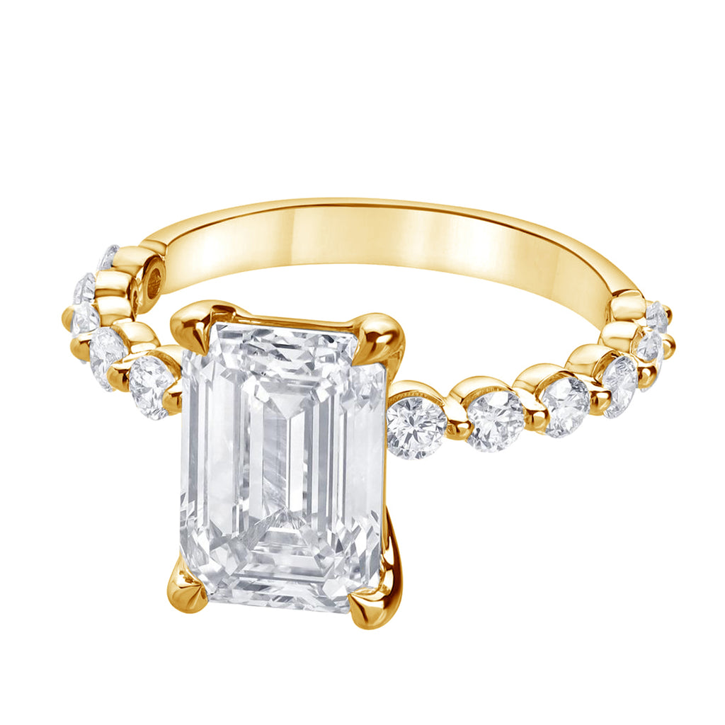 Side Stone Lab-Grown Diamond Complete Engagement Ring in 14 Karat Yellow with 1 Elongated Cushion Lab Grown Diamond, Color: F, Clarity: VS1, totaling 3.02ctw (Yellow Gold)