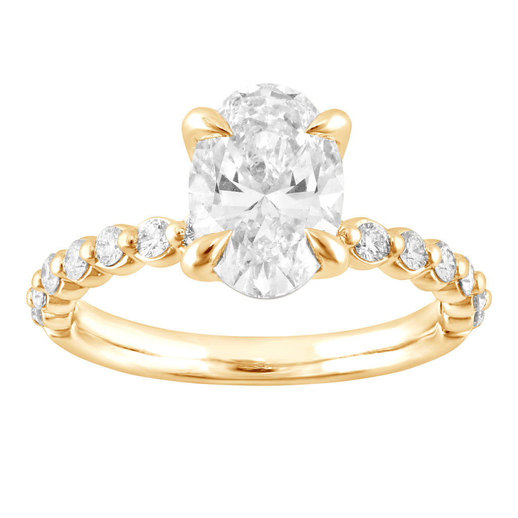 Side Stone Lab-Grown Diamond Complete Engagement Ring in 14 Karat White-Yellow-Rose with 1 Oval Lab Grown Diamond, Color: F, Clarity: VS2, totaling 2.09ctw (Yellow Gold)