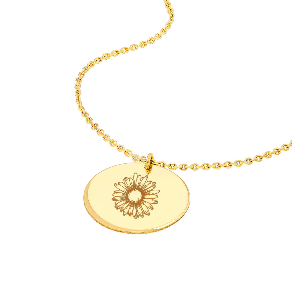 14K yellow gold circle necklace, floral engraving.