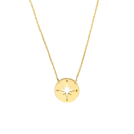 14K yellow gold compass pendant necklace.