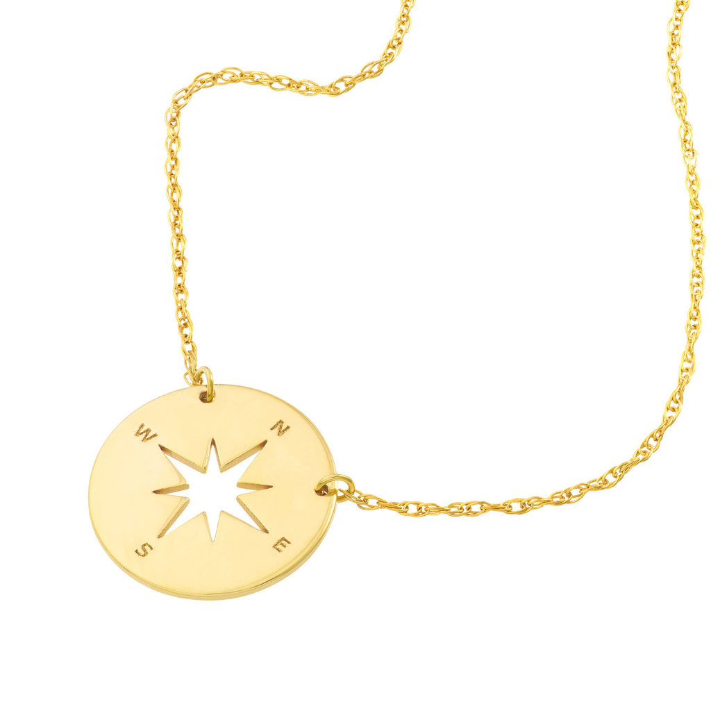 14K yellow gold compass pendant necklace.