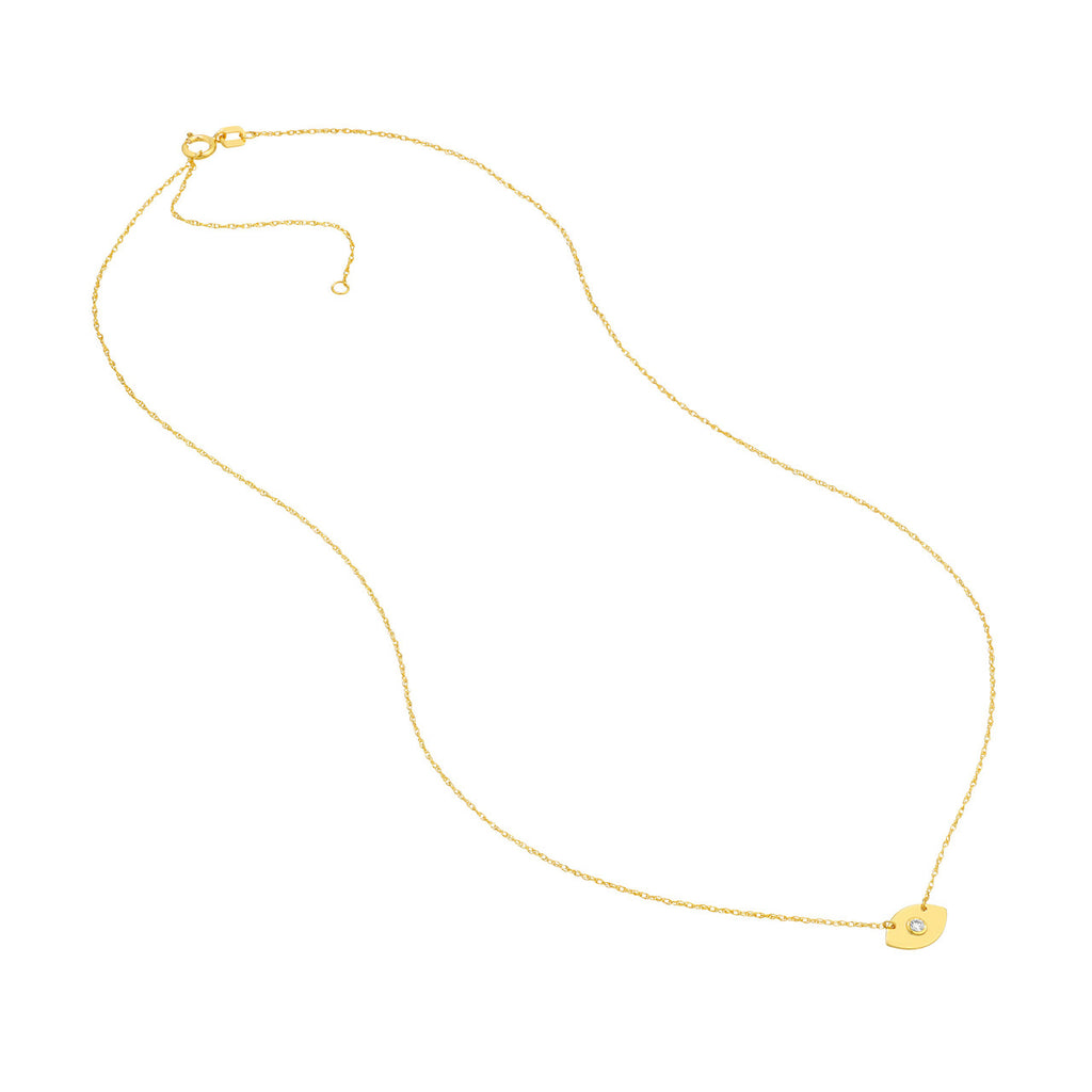 Yellow gold necklace with round diamond pendant.