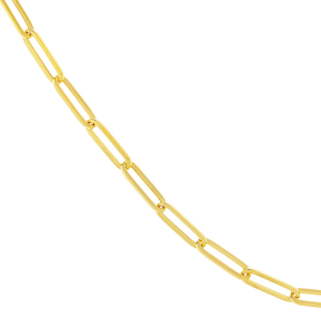 14K yellow gold paperclip chain, polished finish.