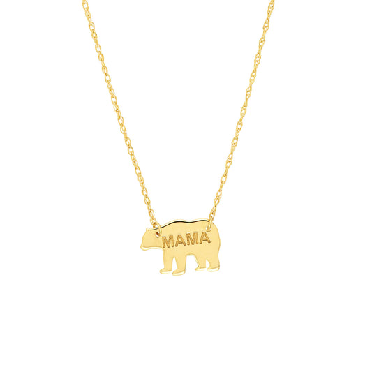 Gold bear pendant necklace, "MAMA" engraving.