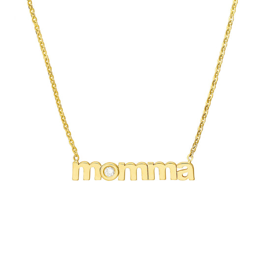 Gold necklace with "momma" and diamond.