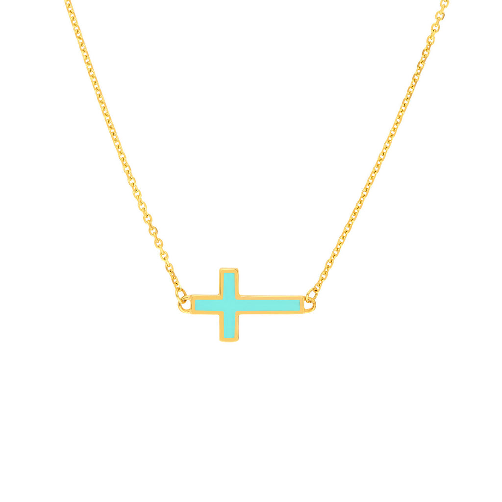 Yellow gold cross necklace with enamel.