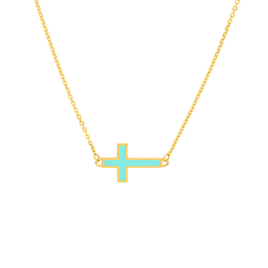 Yellow gold cross necklace with enamel.