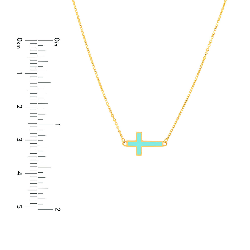 Yellow gold cross necklace with enamel.