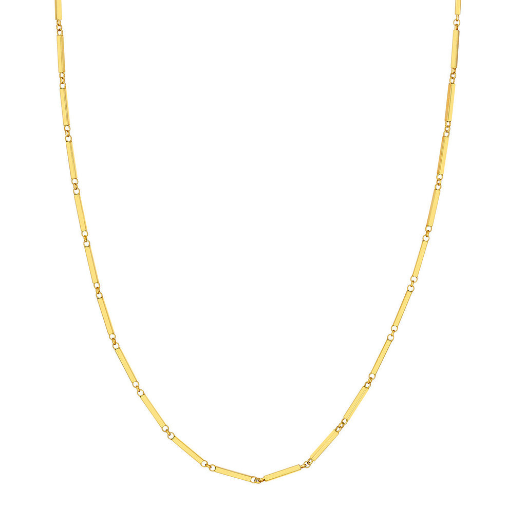 14K yellow gold bar necklace, flat link.