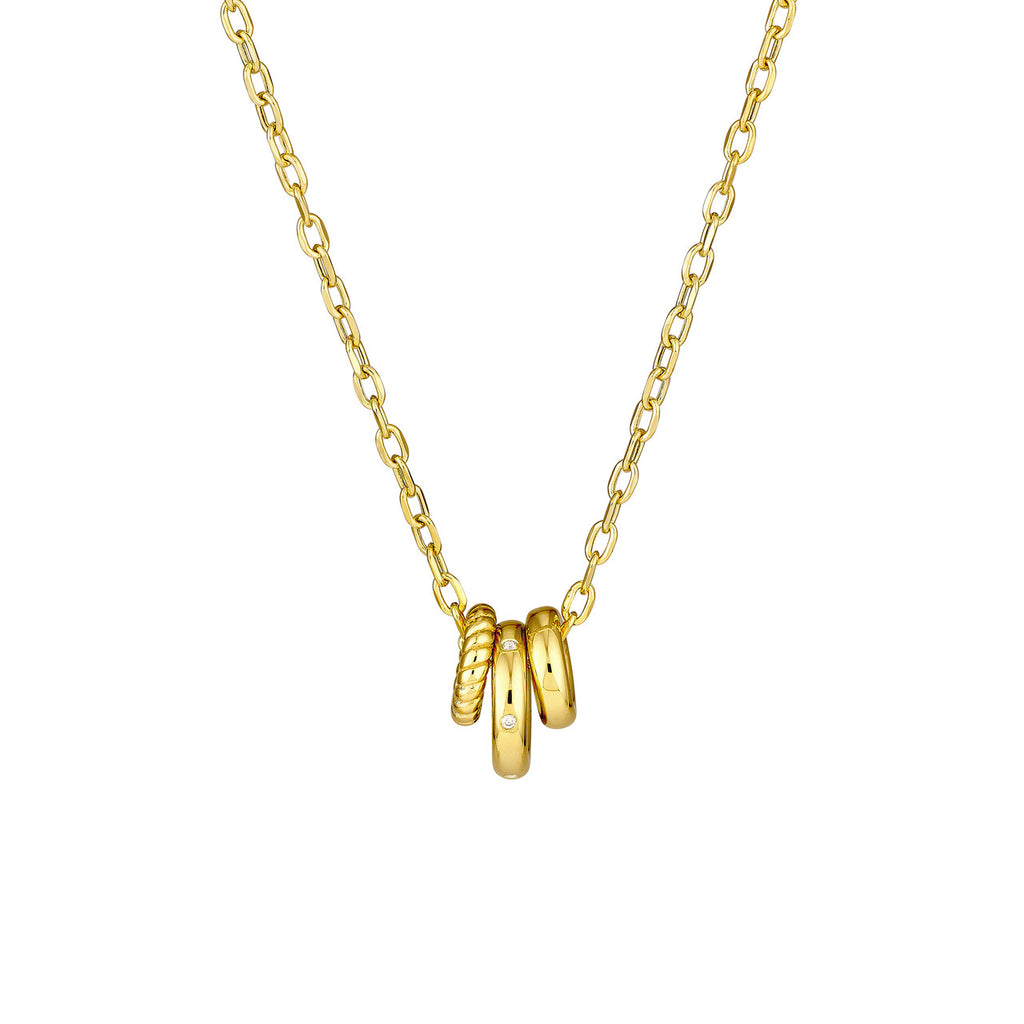 Yellow gold necklace with diamond-accented rings.