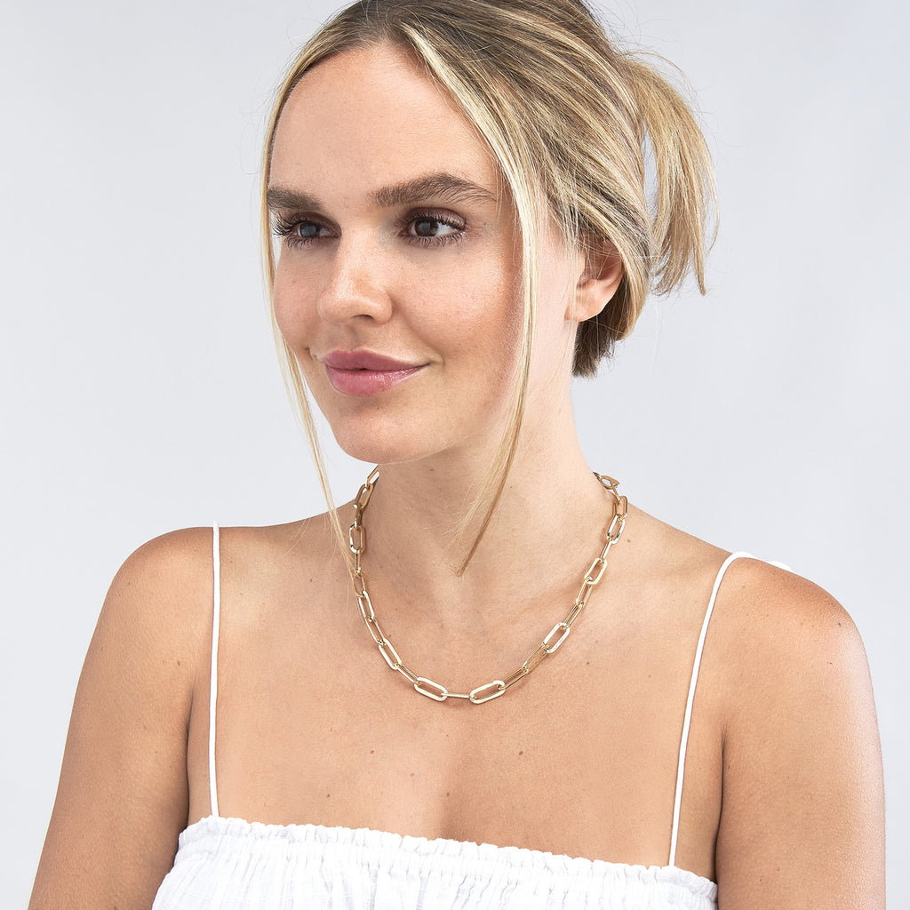 14K yellow gold paperclip chain necklace.