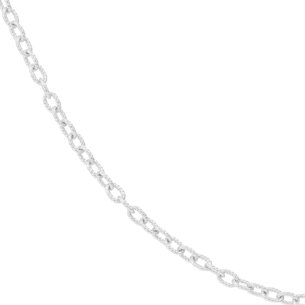 Textured 14K white gold Rolo chain.