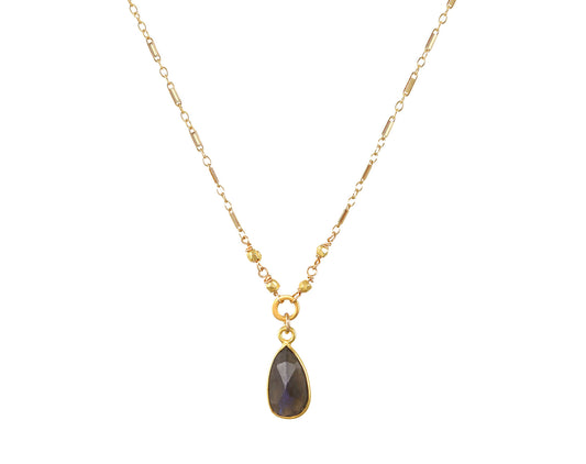 ReMARKable Designs Tear Drop Labradorite Pendant Necklace in Gold Filled Yellow with Fancy Link Chain and Spring Ring Clasp