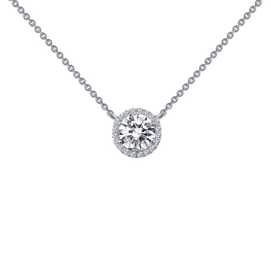 Simulated diamond pendant on silver chain.