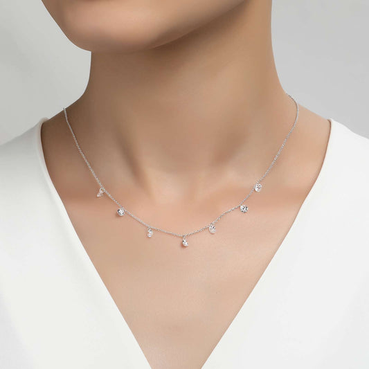 Simulated diamond necklace, platinum bonded silver.