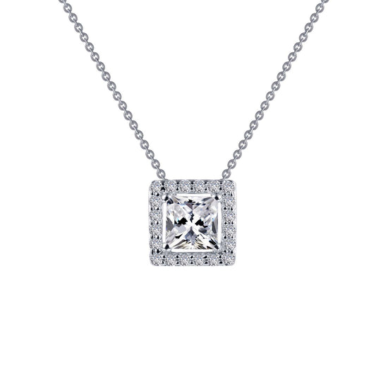 Square pendant with simulated diamonds, platinum silver.