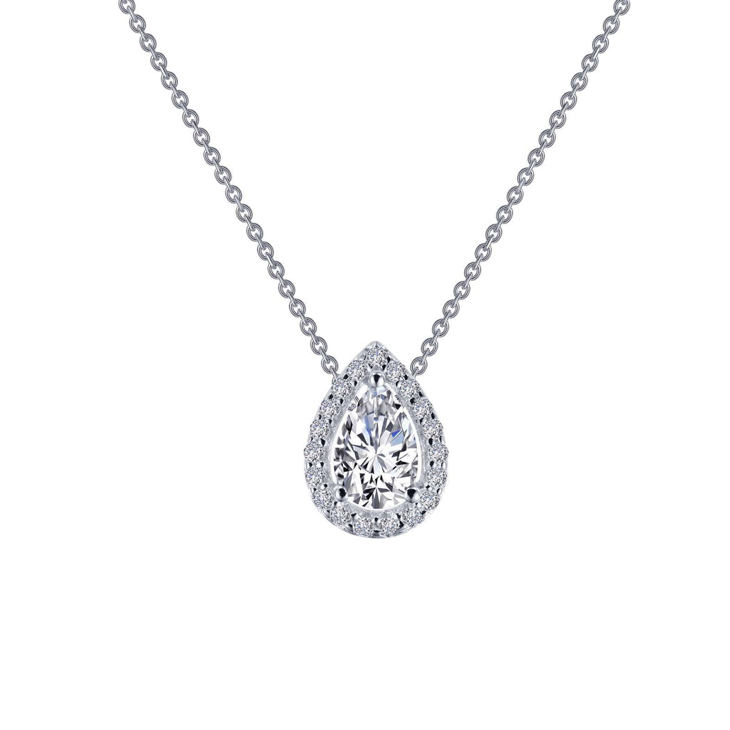 Pear-shaped simulated diamond pendant necklace.