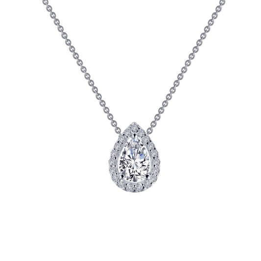Pear-shaped simulated diamond pendant necklace.