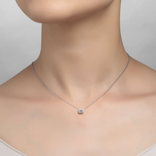 Simulated diamond necklace on model's neck.