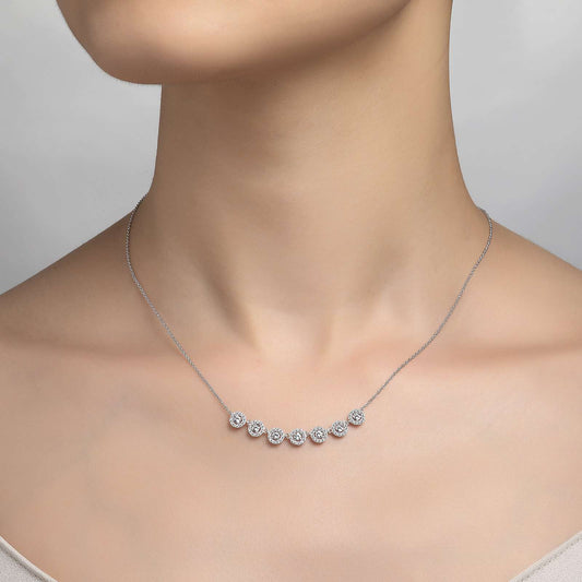 Simulated diamond choker on model's neck.