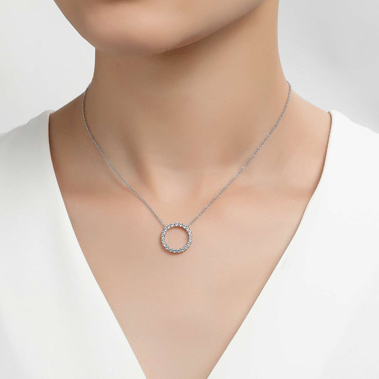 Simulated diamond circle necklace on model.