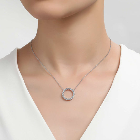 Simulated diamond circle necklace in silver.