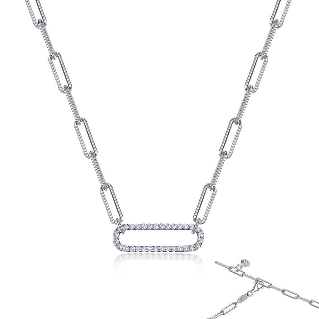 Simulated diamond paperclip necklace in sterling silver.