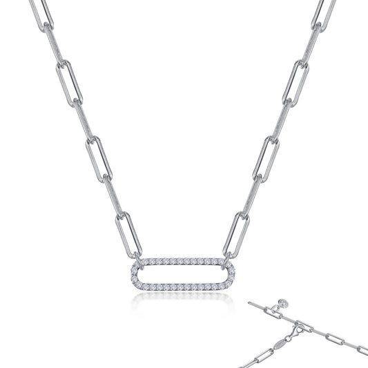 Simulated diamond paperclip necklace in sterling silver.