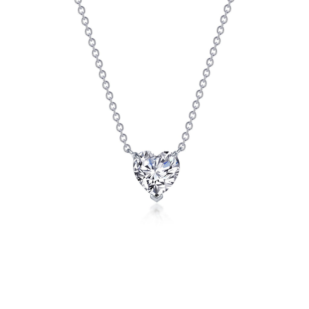 Heart-shaped simulated diamond necklace, platinum silver.