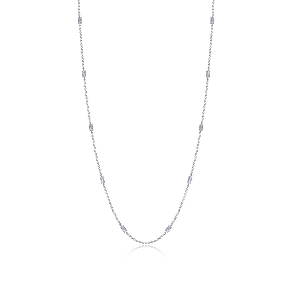 Simulated diamond necklace in platinum silver.