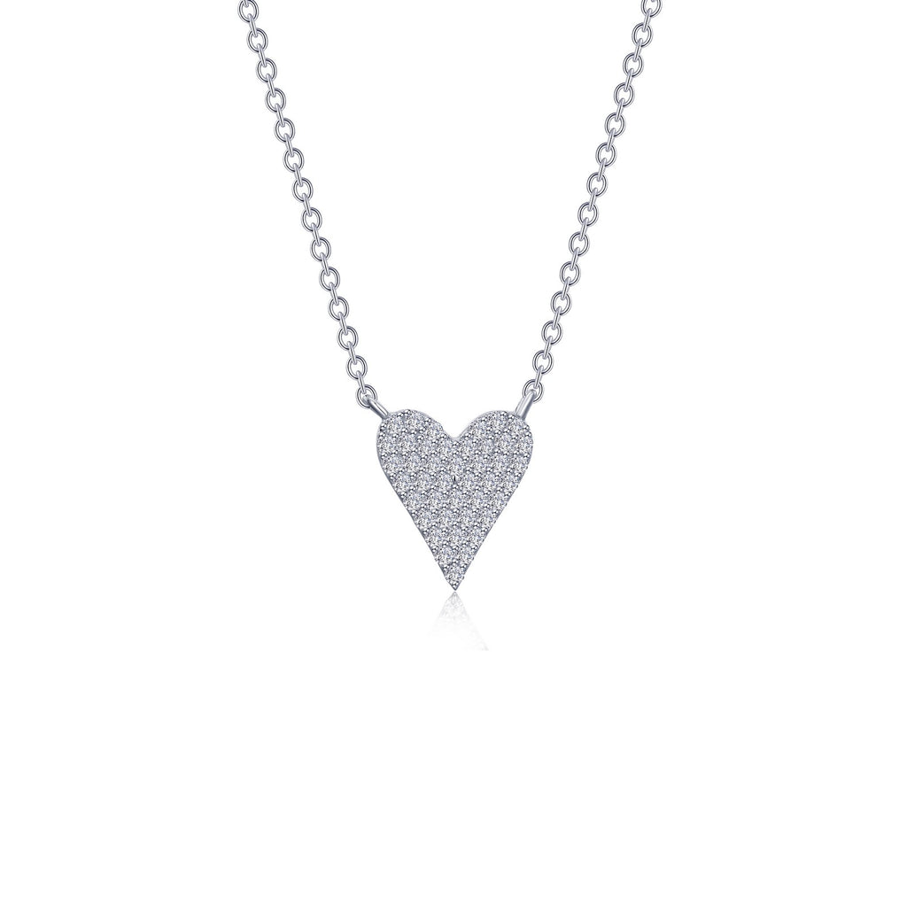 Heart-shaped necklace, simulated diamonds, platinum finish.