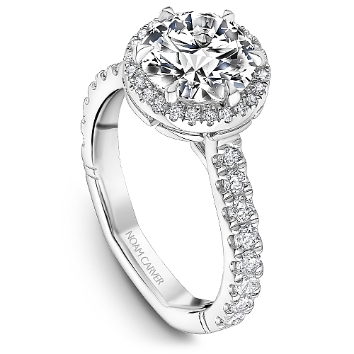 Halo diamond engagement ring in white gold.