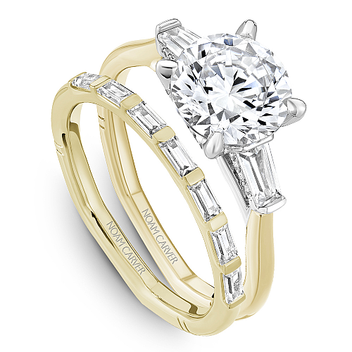 14K white-yellow diamond engagement ring with baguettes.