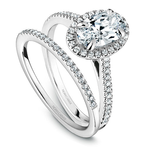Halo diamond semi-mount ring in white gold.