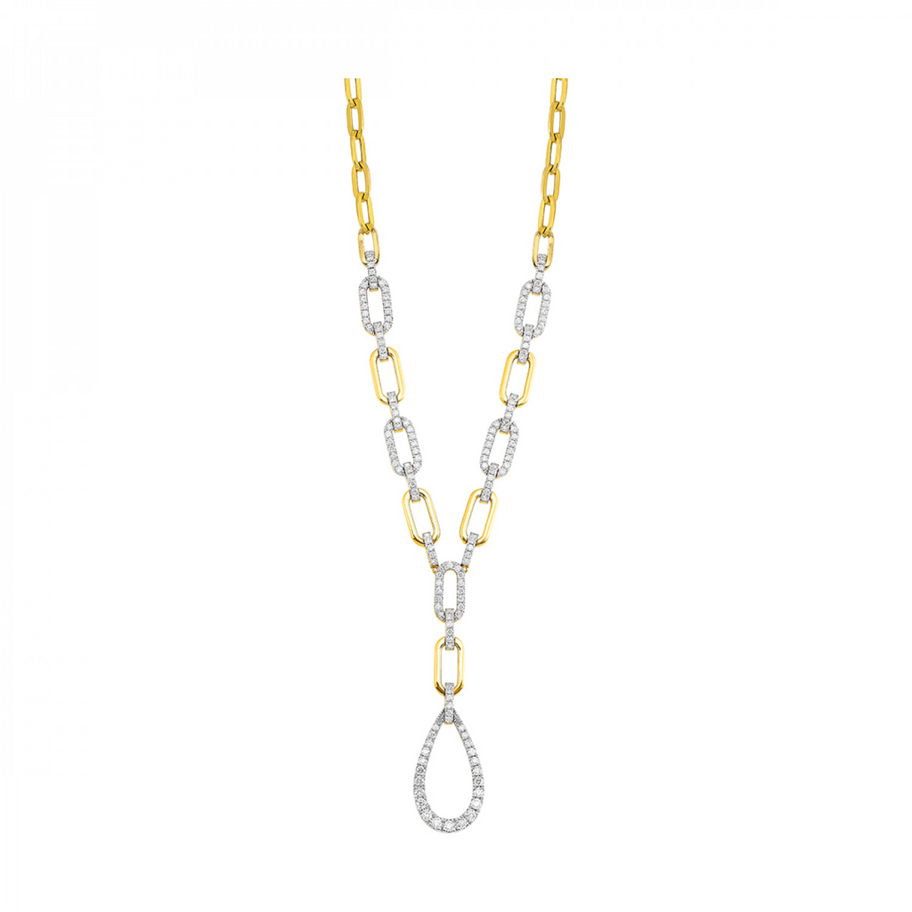 Yellow gold paperclip chain diamond necklace.