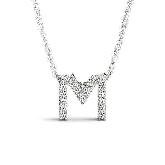 Diamond "M" pendant on white gold chain.