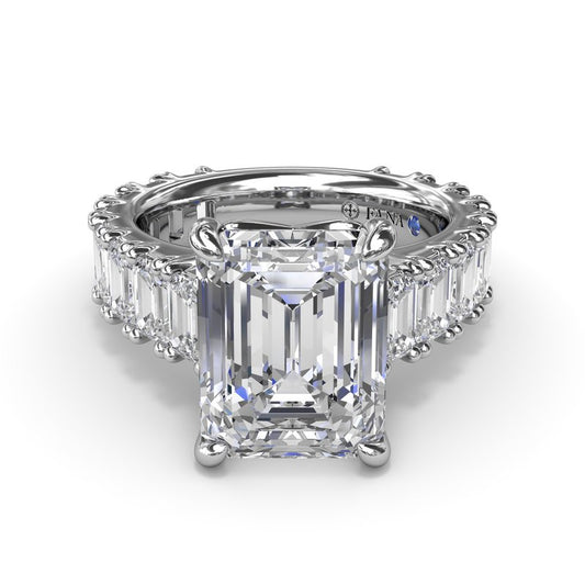 Emerald-cut diamond ring in white gold.