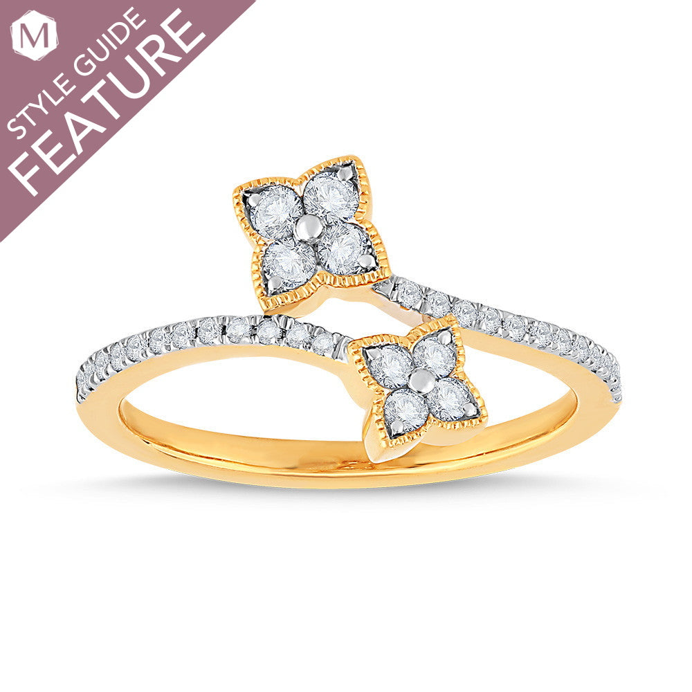 Yellow gold ring with floral diamond clusters.