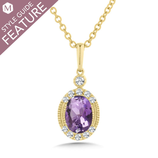 Oval amethyst pendant with diamond accents.