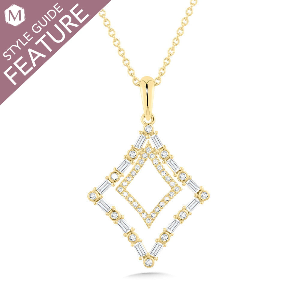 Diamond-shaped yellow gold necklace with diamonds.