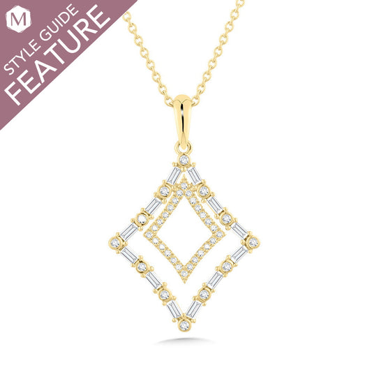 Diamond-shaped yellow gold necklace with diamonds.