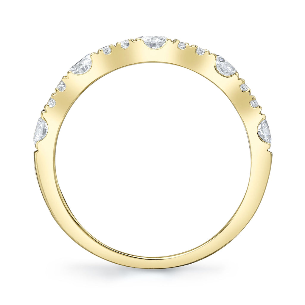 Yellow gold band with round diamonds.