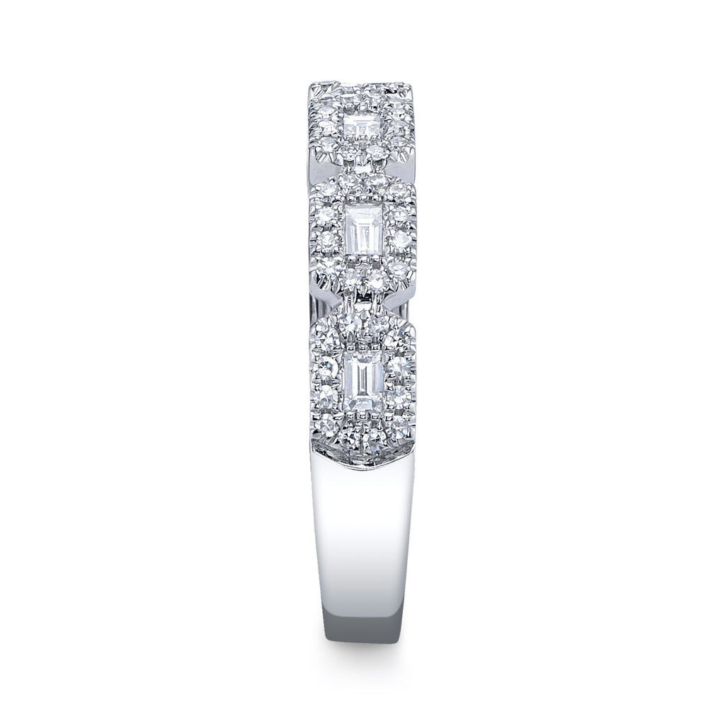White gold band with various diamond shapes.