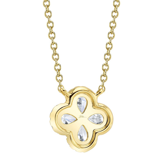 Clover-shaped yellow gold necklace with diamonds.